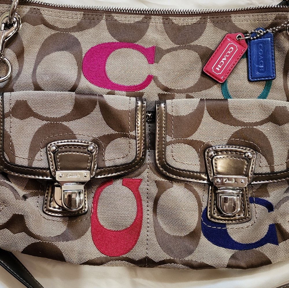 Coach handcrafted purse tan with pinks and blues - Picture 5 of 6